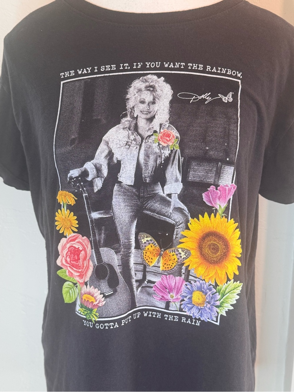 Dolly Parton Graphic Tee Black Floral Butterfly Rainbow Quote Country Music